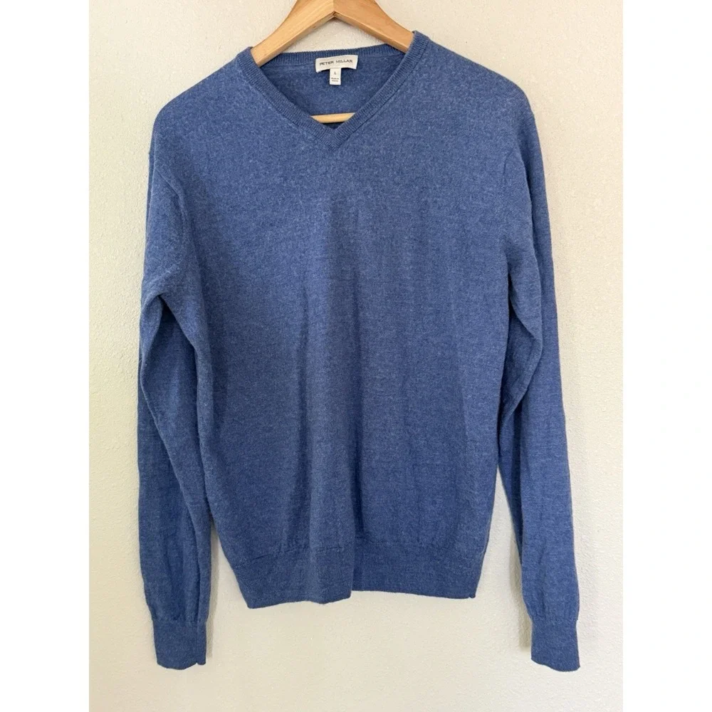 Peter Millar Autumn Crest V-Neck Blue Sweater 75% Merino Wool/25% Lyocell Size L